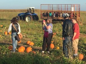 In the pumpkin patch in the way back is the hay ride cart. In front from left to right is Katie's back, Natalie with phone. Michael and Zachary 